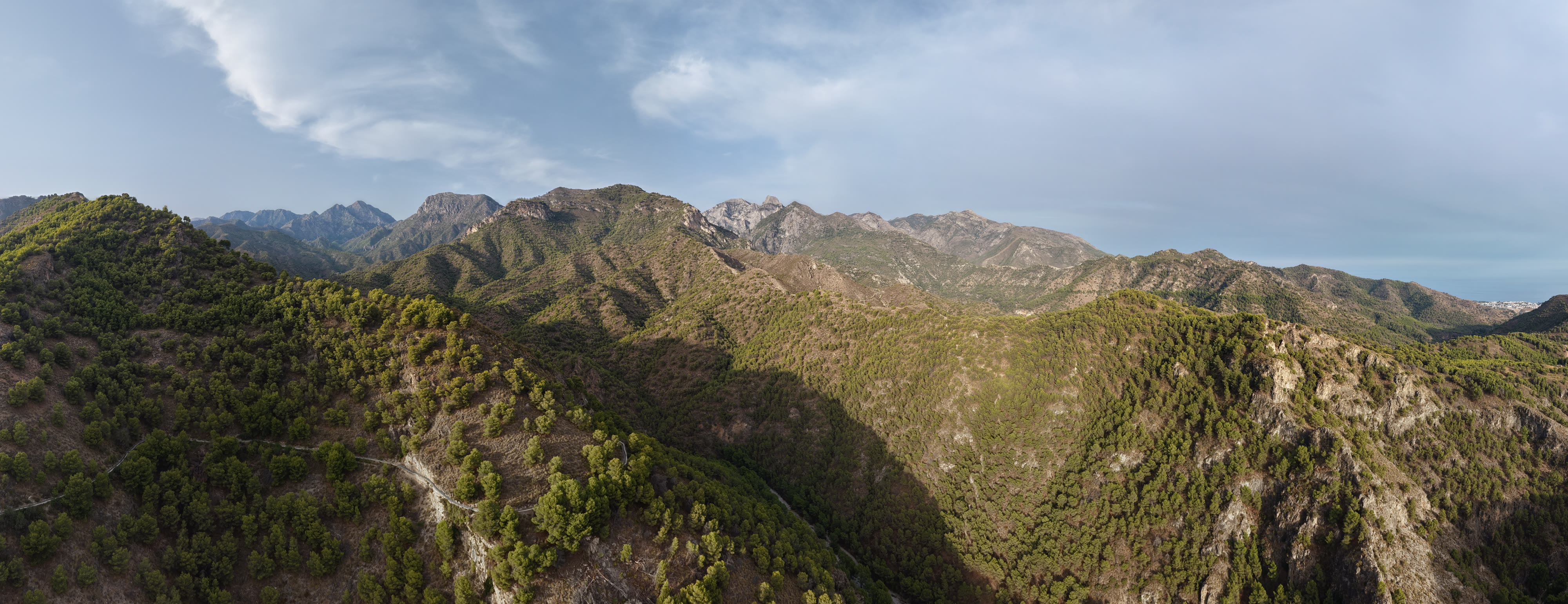 Mountain ridgeline panorama, aerial architecture and travel photography